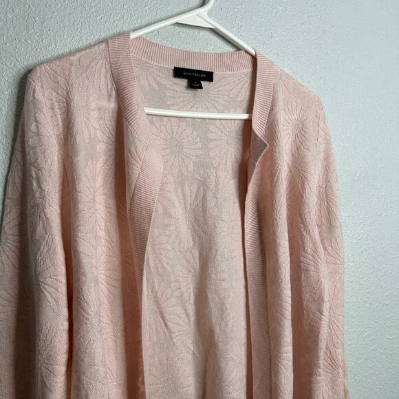 Ann Taylor Cardigan Womens Large Pink Floral Jacquard Open Front Crew Neck Knit - Picture 3 of 7